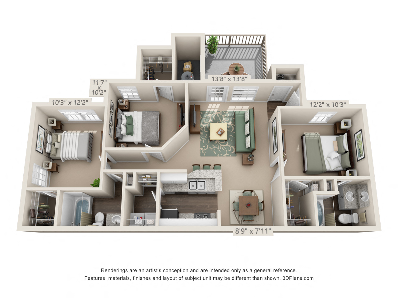 Floor plan for 3 beds, 2 baths, 1362 sqft